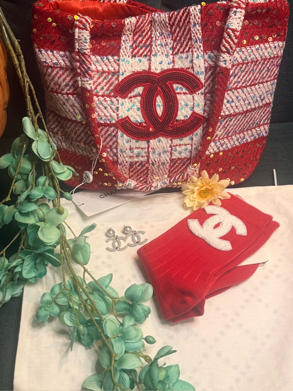 Red and White Tweed Sequin Chanel Beaute Tote Bag